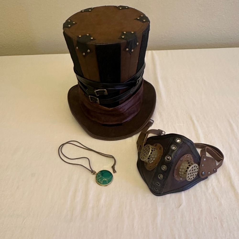 Steampunk Costume Leather Top Hat Gas Mask Gear Pendant Cosplay Goth Victorian